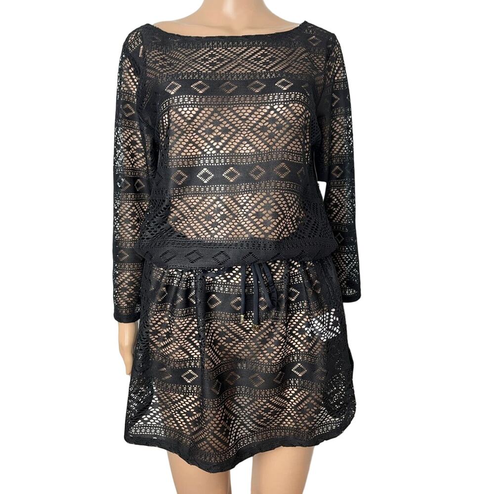 New Anne Cole Black Lace Long Sleeve Crochet Cinch Waist Swimsuit Coverup